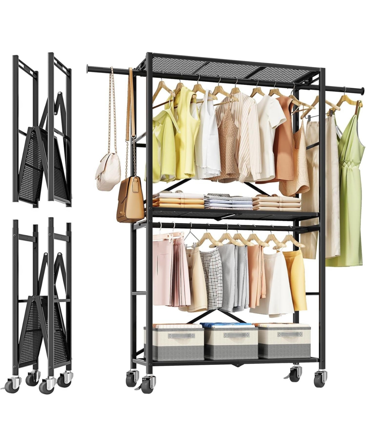 Clothes Rack Heavy Duty Clothes Rack with Shelves, Rolling Clothing Rack, Portable Collapsible with Lockable Wheels and Expandable Rod for Vendor Trad