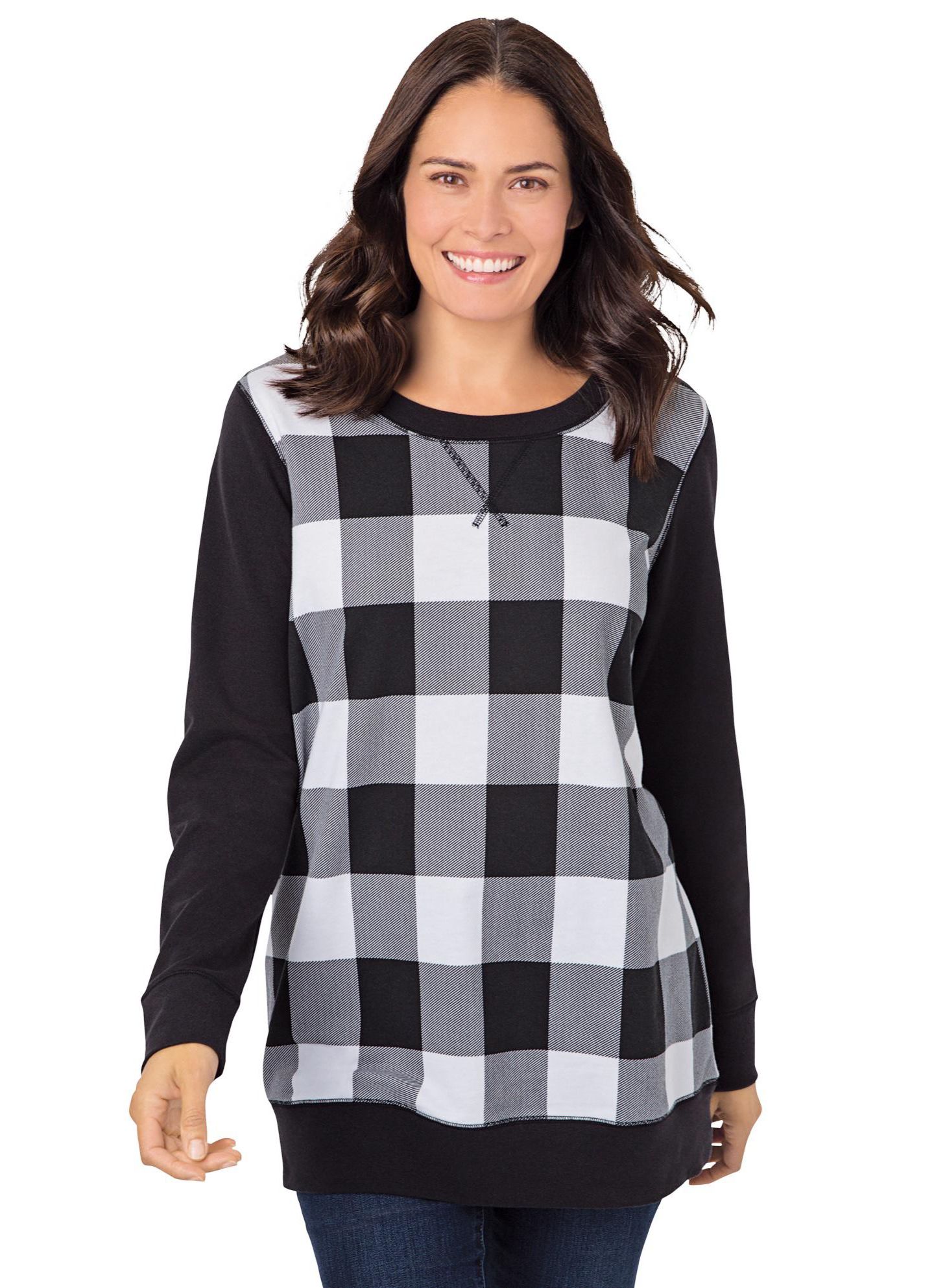 Женский свитшот Woman Within Plus Size Within Printed, цвет: Чёрный клетчатый — фото 1