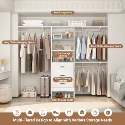 8-Foot Walk-In Closet Organizer with 3 Shelving Towers, Heavy-Duty Clothes Rack and 3 Drawers