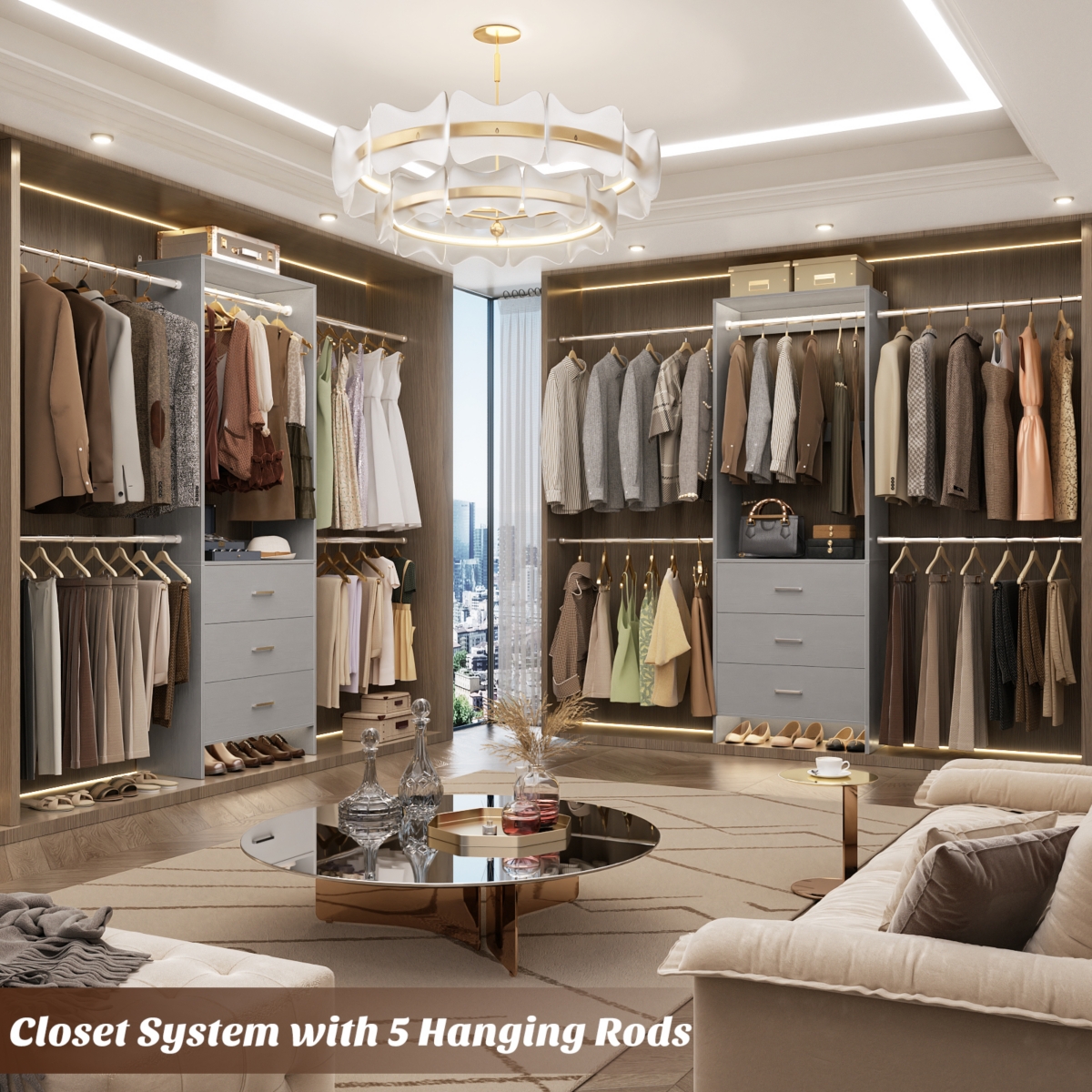 2-8 Ft Adjustable Closet System with 3 Wood Drawers and 4 Retractable Hanging Rods