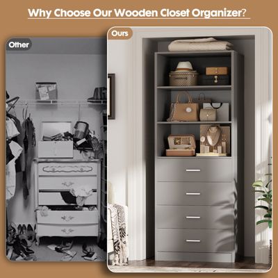 21.3-Inch Closet Drawer System, Walk-In Closet Tower with 4 Wooden Drawers and Shelves