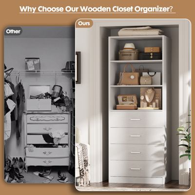 21.3-Inch Closet Drawer System, Walk-In Closet Tower with 4 Wooden Drawers and Shelves