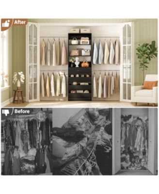 8FT Wall Mounted Closet System with 4 Drawers and 4 Hanging Rods, Garment Rack with Shelves