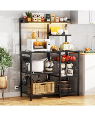 Kitchen Storage Shelf with Hooks, Coffee Bar Station with Power Outlets & LED Light, Bakers Rack with Pull-Out Basket