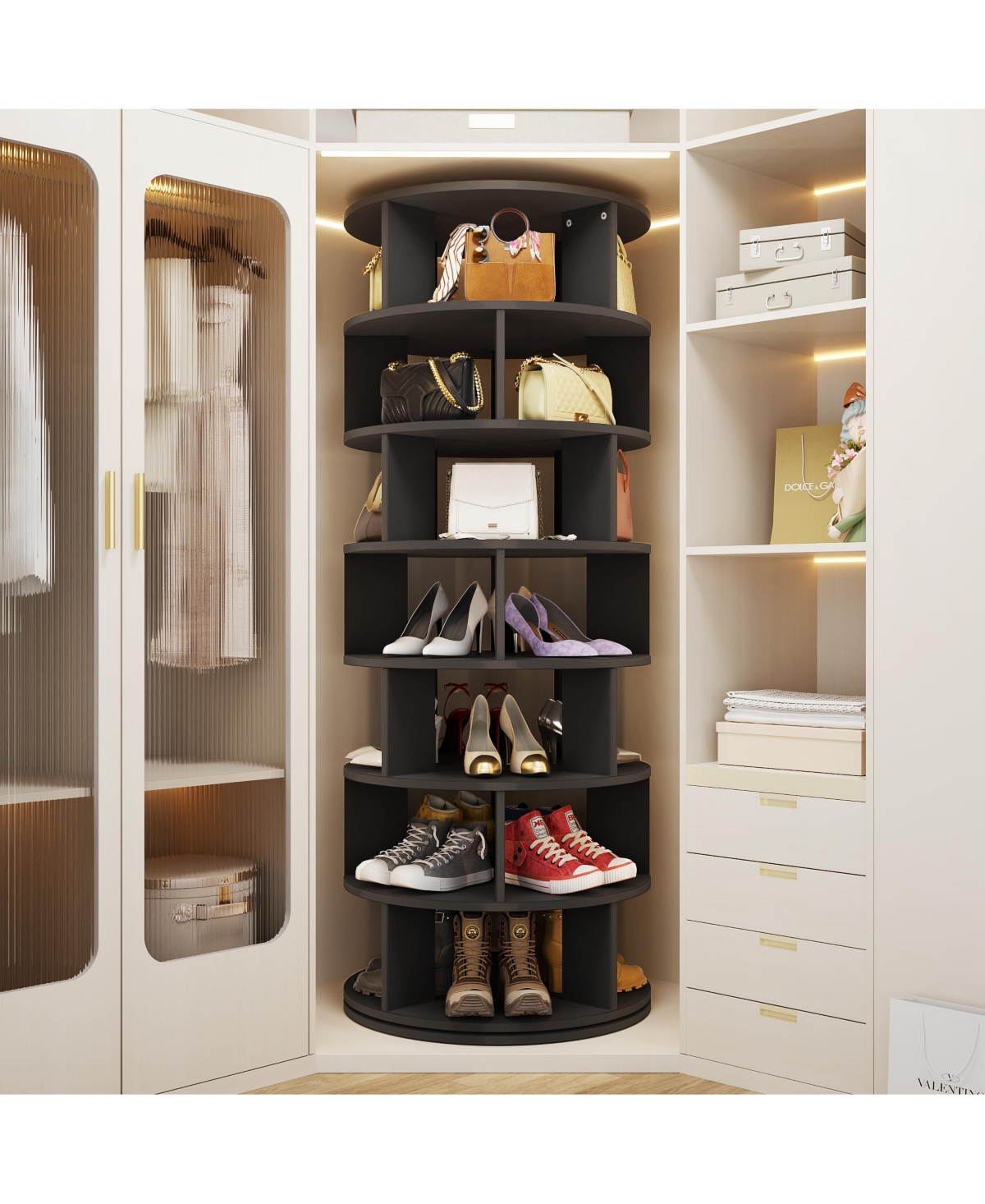 7-Tier Rotating Shoe Rack, 360° Display Wooden Revolving Rack Tower
