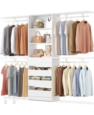 Closet Organizer System with 4 Reversible Shelves, 4 Wood Drawers, and 4 Hanging Rods, 96-Inch Wardrobe Clothes Rack