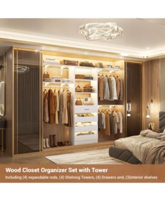 Closet Organizer System with 4 Reversible Shelves, 4 Wood Drawers, and 4 Hanging Rods, 96-Inch Wardrobe Clothes Rack