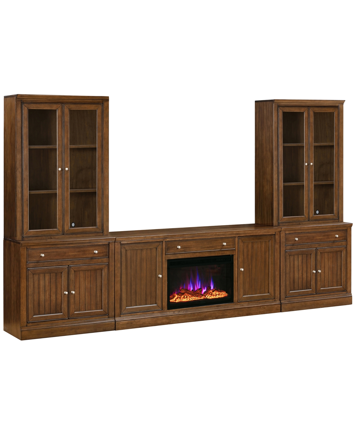 Macy's Amren 65" 2 Door Console And 2 Door Hutches With 2 Door Bases With Drawers And Fireplace Insert In Brown