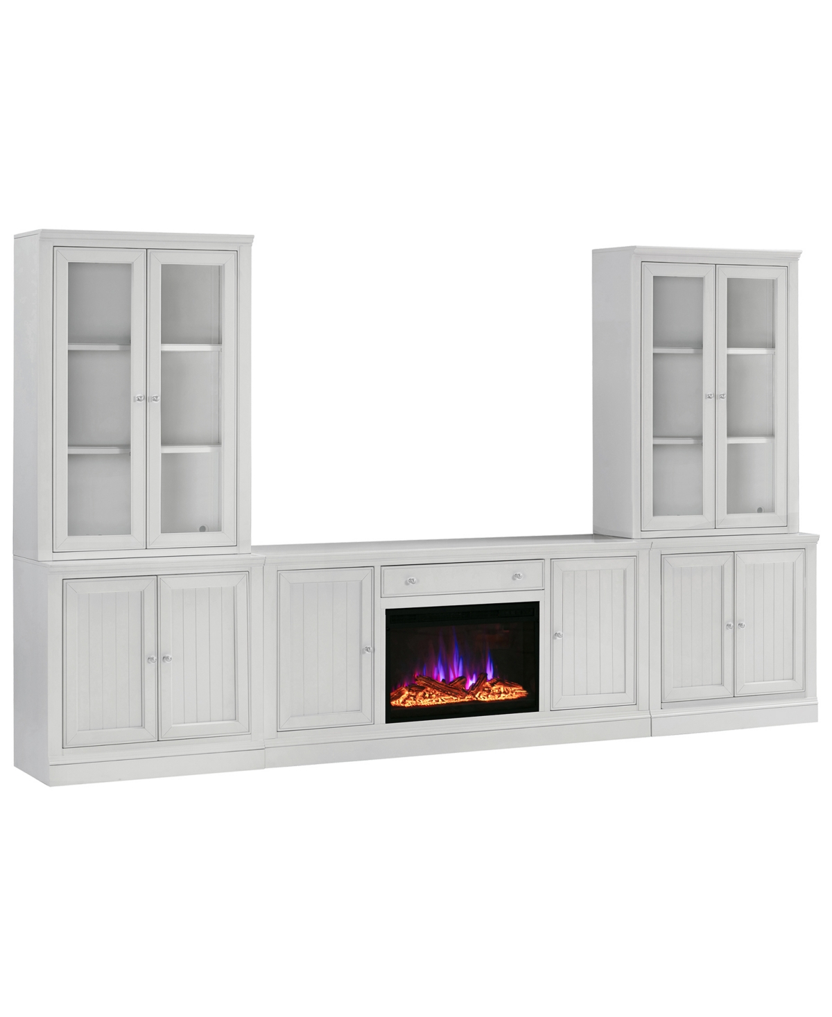 Macy's Amren 65" 2 Door Console With 2 Door Hutches And 2 Door Bases With Fireplace Insert In White