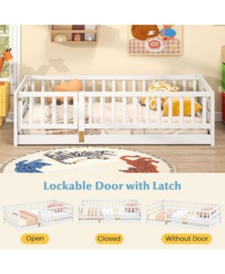 Twin Size Floor Bed w/High Fence & Door Safety Guardrails Wood Floor Bed Frame