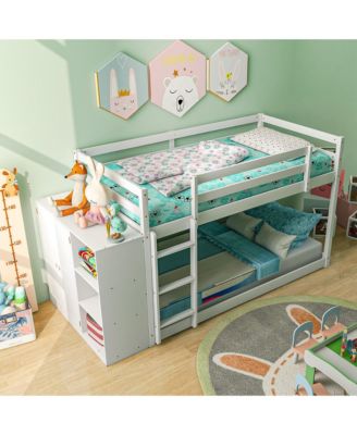 Twin Over Twin Bunk Bed Wood Frame Storage Shelves Ladder Guardrails Kids