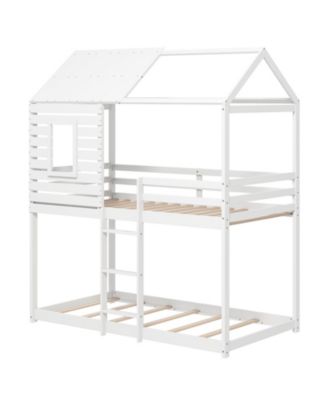 Twin over Twin House Bunk Bed Low-to-ground Bed Frame w/ Roof Solid Wood Bed