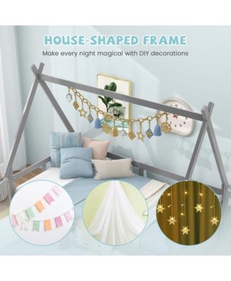 Twin Size House Bed w/ Trundle Roof & Safety Guardrail Wood Slat Support