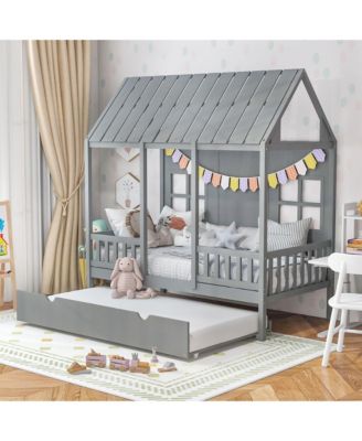 Twin Size House Bed with Trundle Fence Decor Wooden Windows Tall Roof