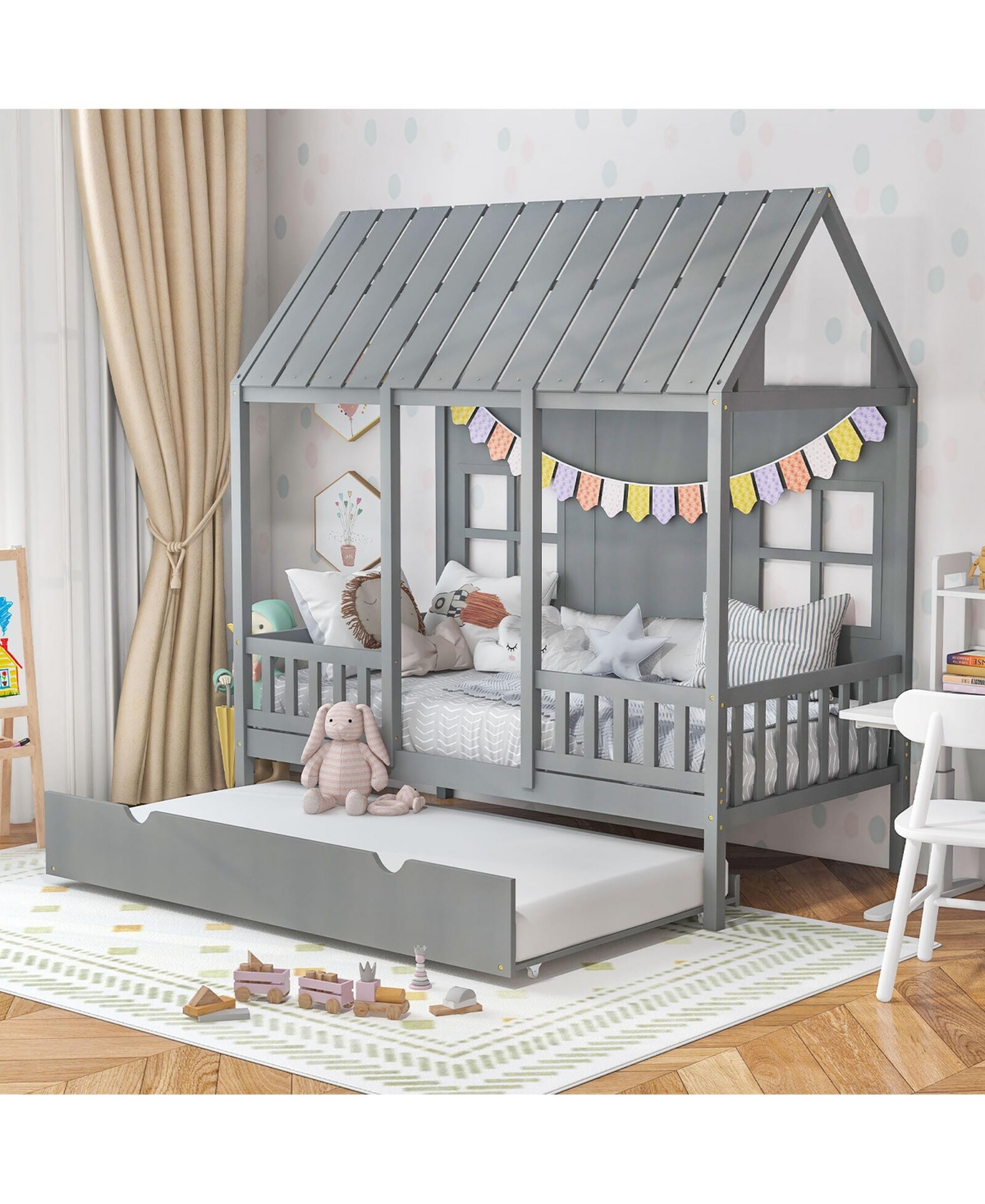 Gymax Twin Size House Bed with Trundle Fence Decor Wooden Windows Tall Roof