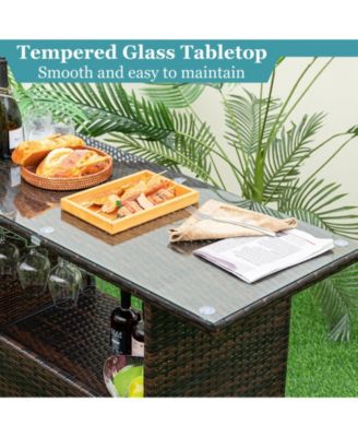 3PCS Wicker Bar Set Height Table 2 Stools w/3 Rows Stemware Racks Garden Patio