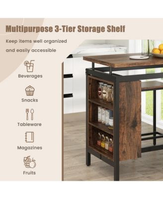 3-Piece Dining Table Set Bistro Table & 2 Bar Stools w/ 3-Tier Storage Shelf
