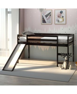 Twin Size Loft Bed with Slide Wood Low Sturdy Loft Bed Bedroom