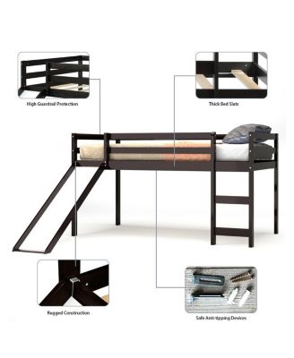 Twin Size Loft Bed with Slide Wood Low Sturdy Loft Bed Bedroom