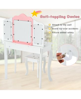 Kids Vanity Princess Makeup Dressing Table Chair Set W/ Tri-folding Mirror