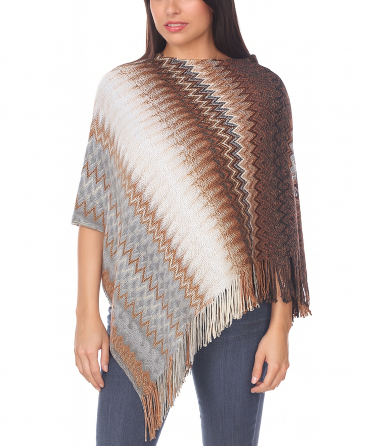 White Mark Women's Chevron Knit Fringed Hem Poncho Sweater In Brown