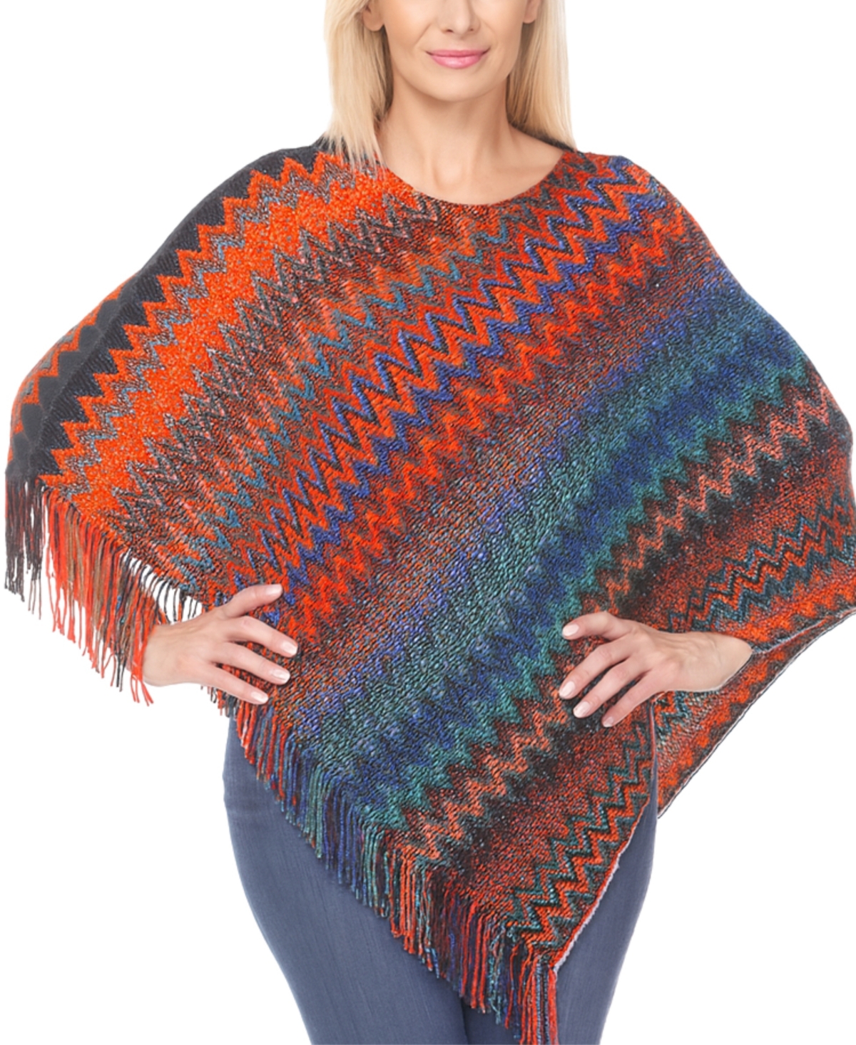 White Mark Women's Chevron Knit Fringed Hem Poncho Sweater In Orange