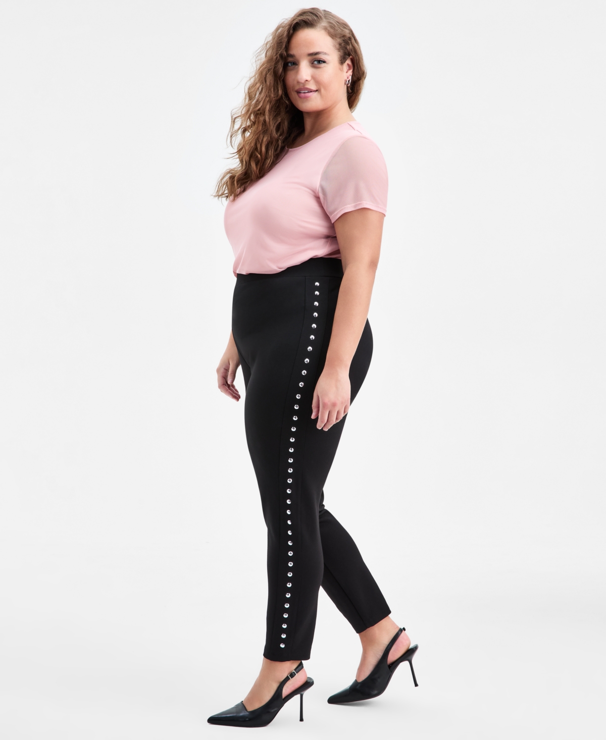 Bar Iii Trendy Plus Size Studded Pull-on Bodycon Leggings In Black