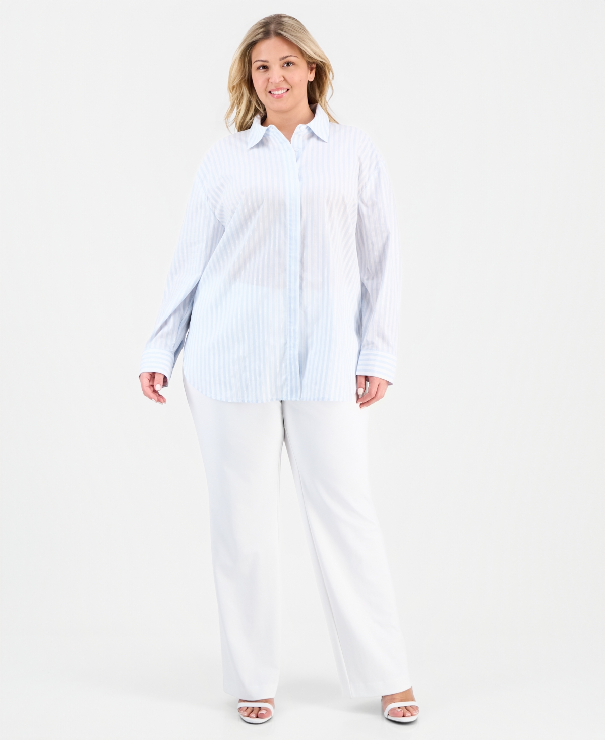 Anne Klein Plus Size Striped Button-front Shirt In White