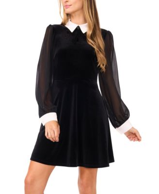 Women's Collared Sheer-Sleeve Velvet Mini Dress