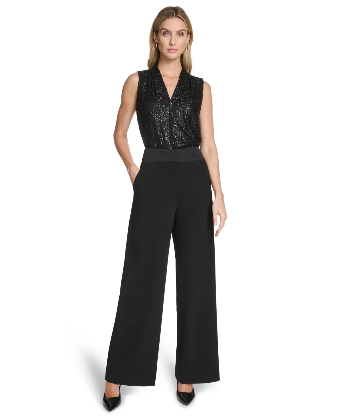 Calvin Klein Petite Wide Leg Mid-rise Pants In Black