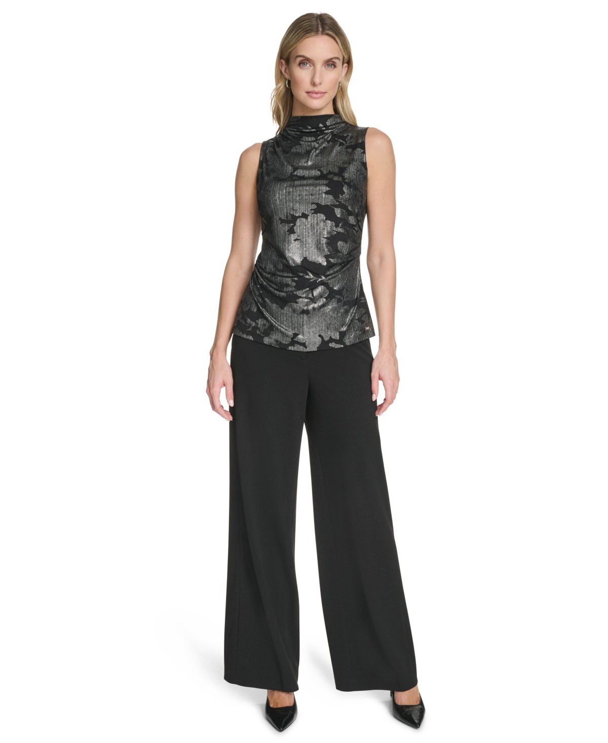 Calvin Klein Petite Novelty Printed Mock Neck Ruched Top