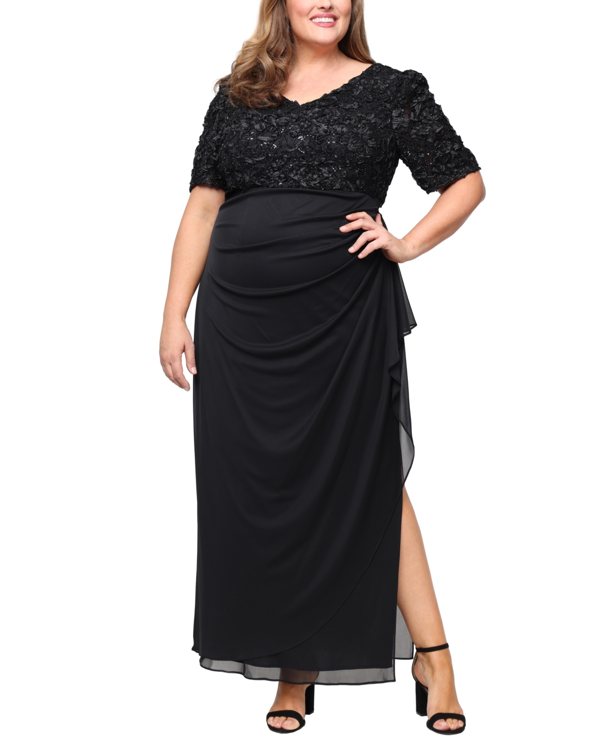 Alex Evenings Plus Size Soutache Embellished Short-sleeve Gown In Black
