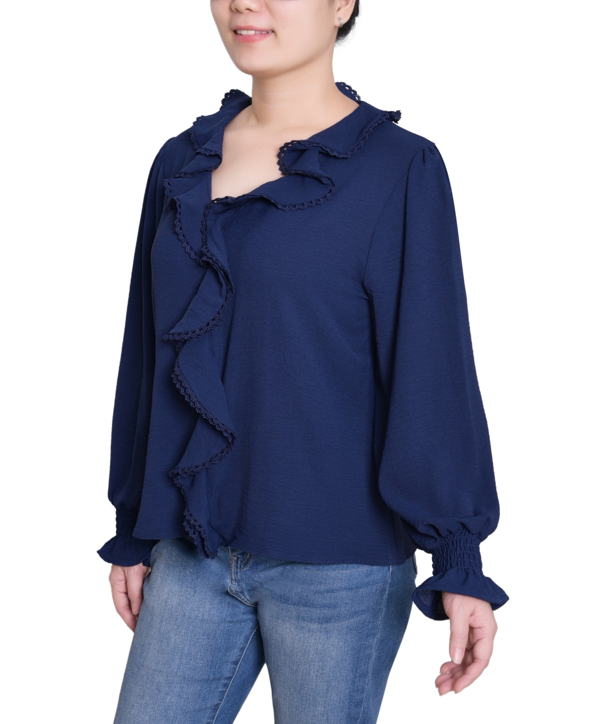 Ny Collection Women's Short Sleeve Ruffle Front Top In Blue