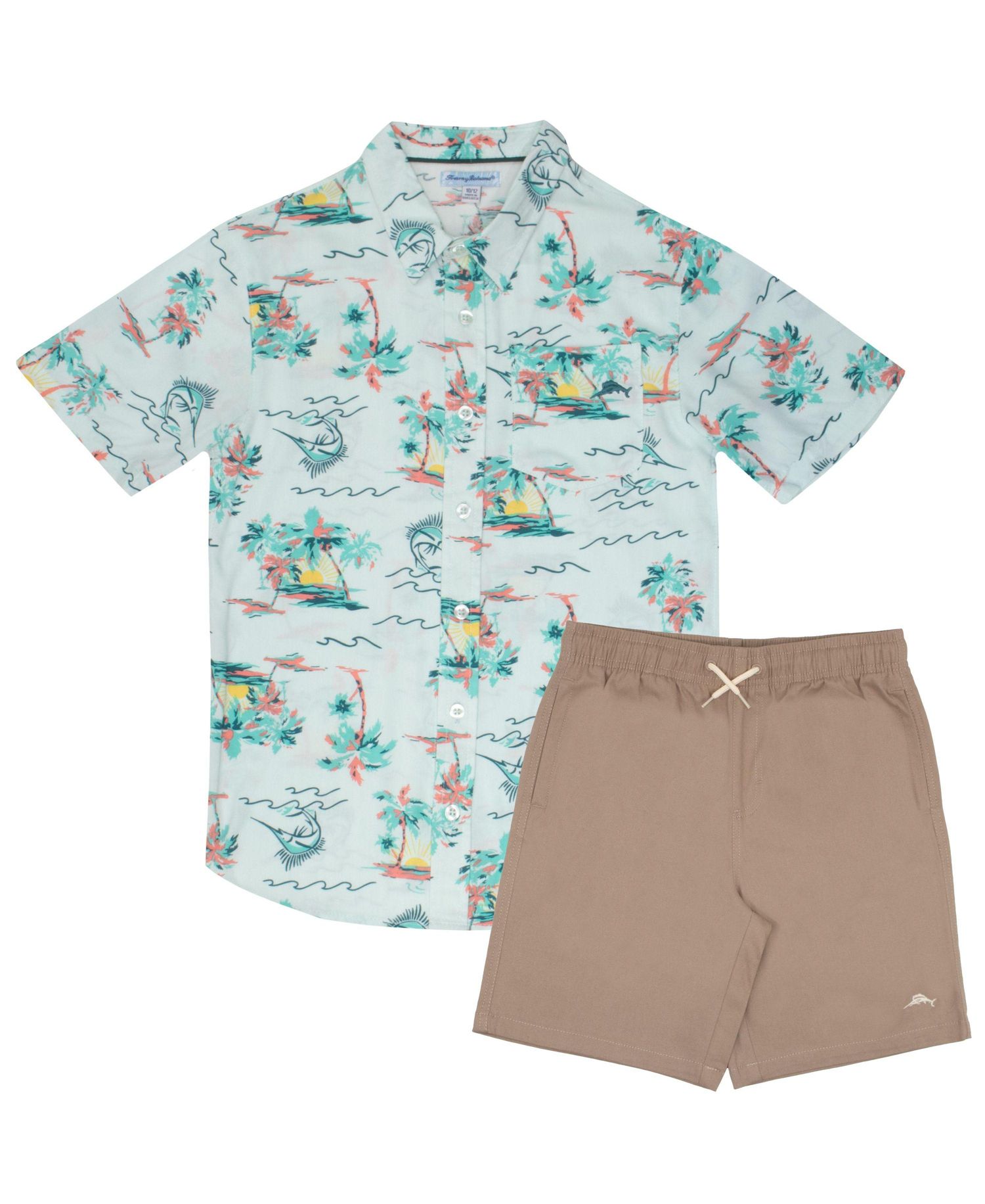 Big Boys Button Down Short Sleeve Hawaiian Elastic Woven Shirt and Short Set