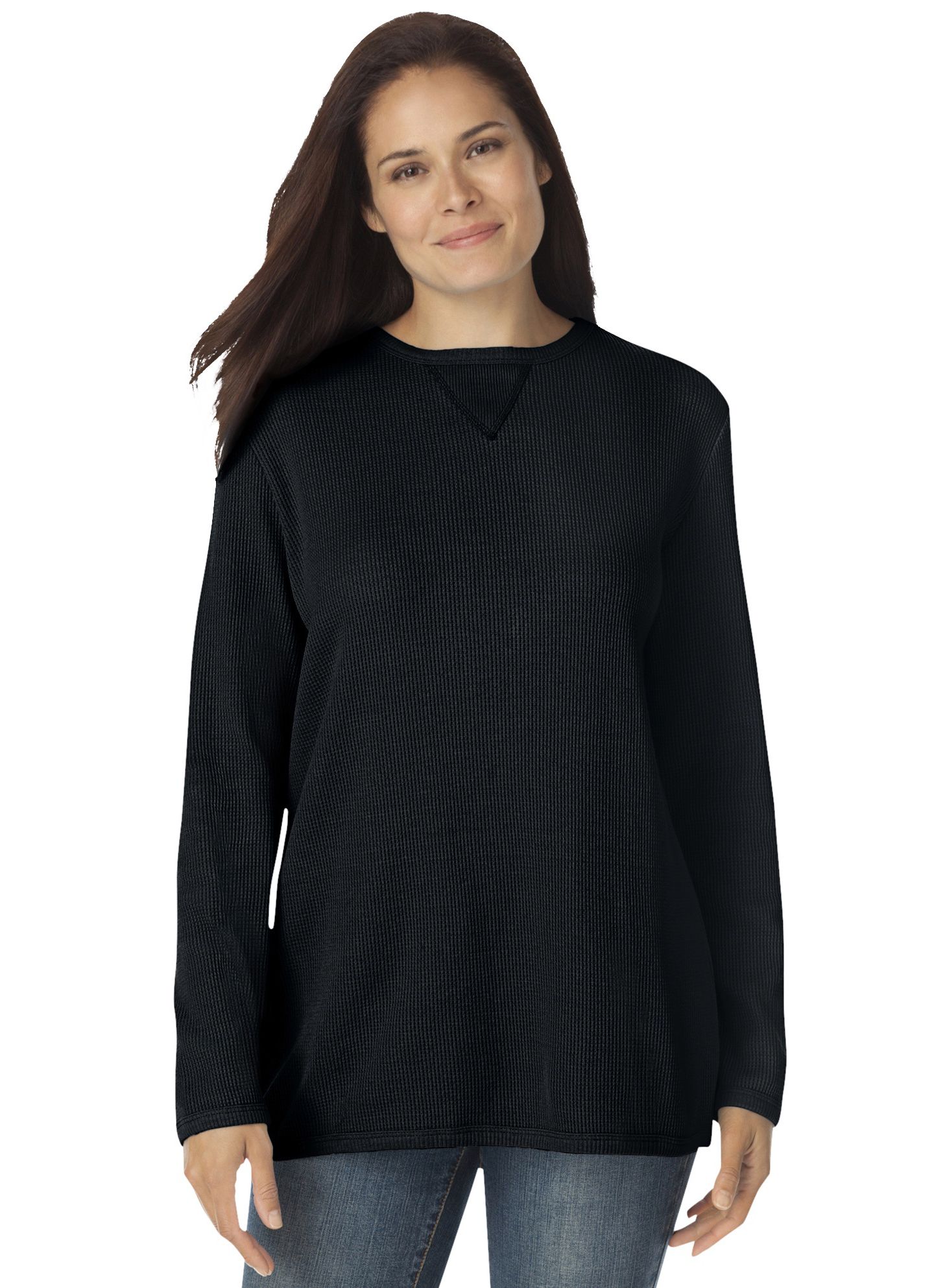 Женская рубашка Woman Within Plus Size Within Long-Sleeve Crewneck Soft Waffle Knit Thermal, цвет: Чёрный — фото 1