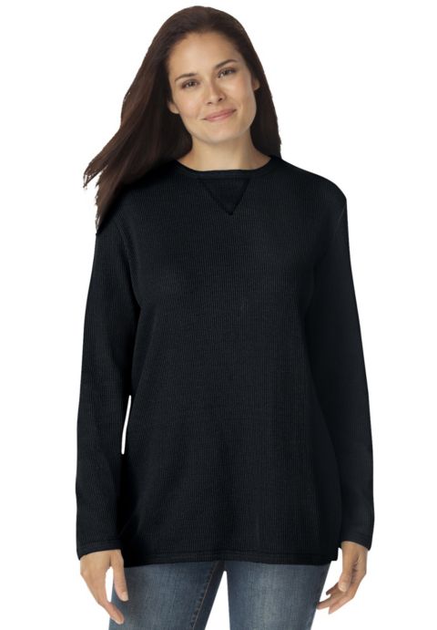 Женская рубашка Woman Within Plus Size Within Long-Sleeve Crewneck Soft Waffle Knit Thermal, цвет: Чёрный