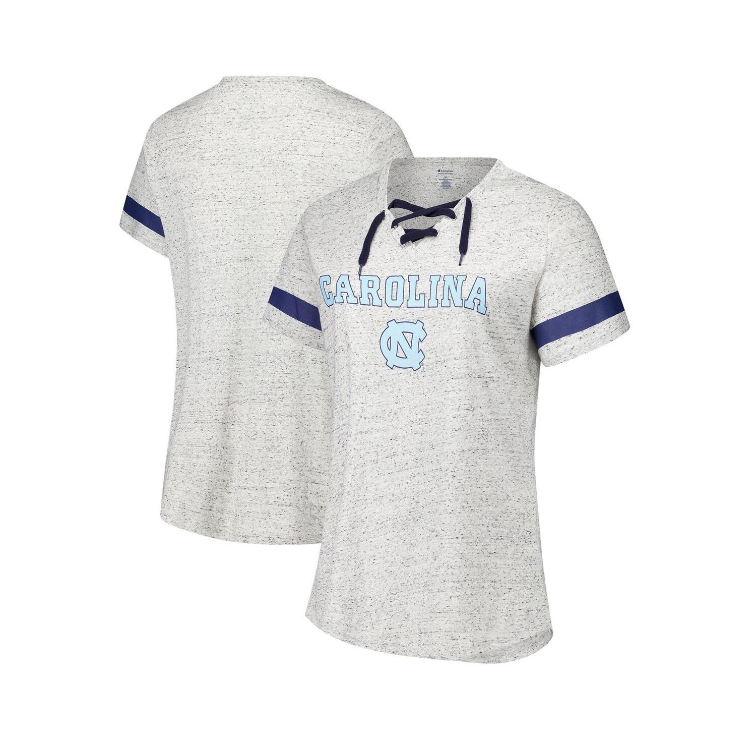 Women's Heather Gray North Carolina Tar Heels Plus Size Lace-Up V-Neck T-Shirt