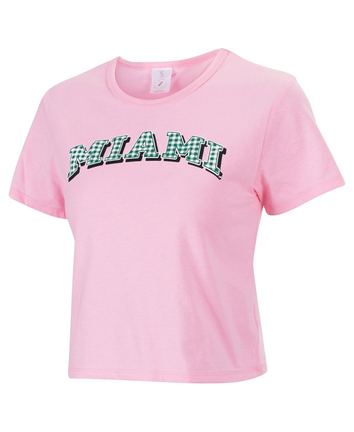 Zoozatz Women's Pink Miami Hurricanes Gingham Logo Cropped T-shirt In Pink