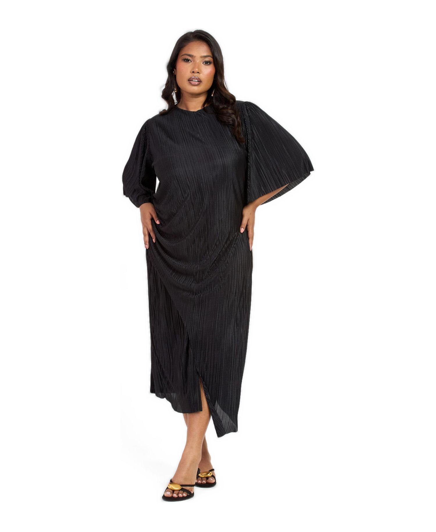 Women's FASHION-SZN Ruched Side Flutter Sleeve Midi Dress
