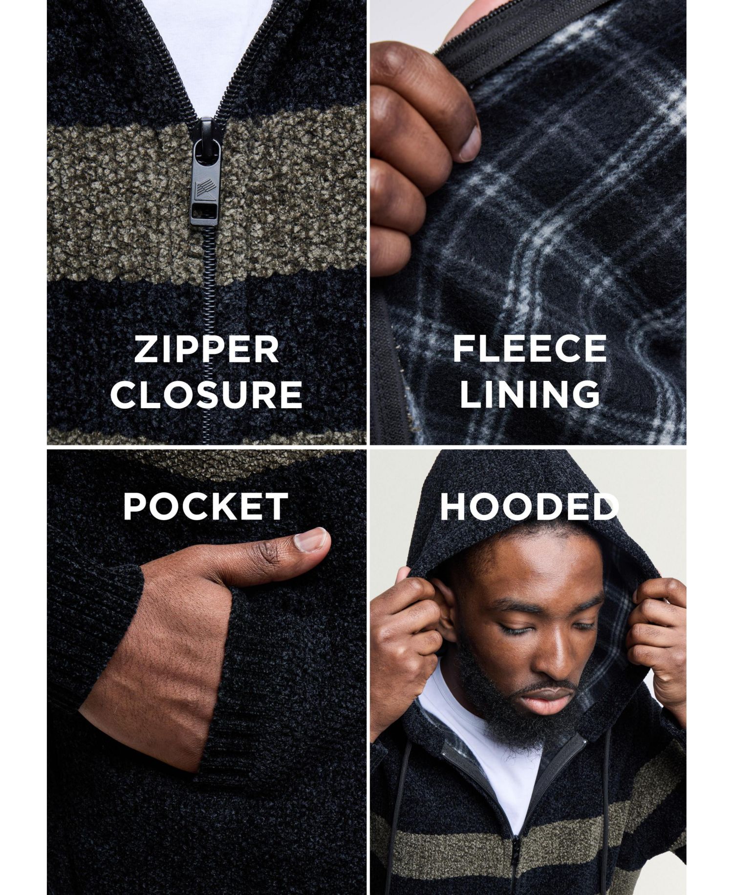 Men's Full Zip Hooded Sweater With Stripes And Flannel Lining