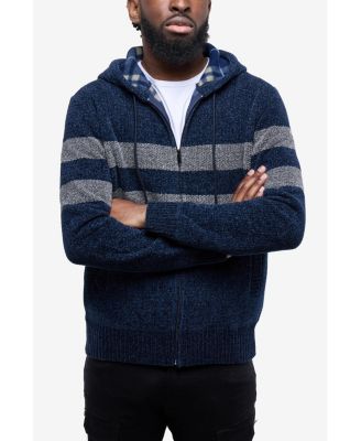Men's Full Zip Hooded Sweater With Stripes And Flannel Lining