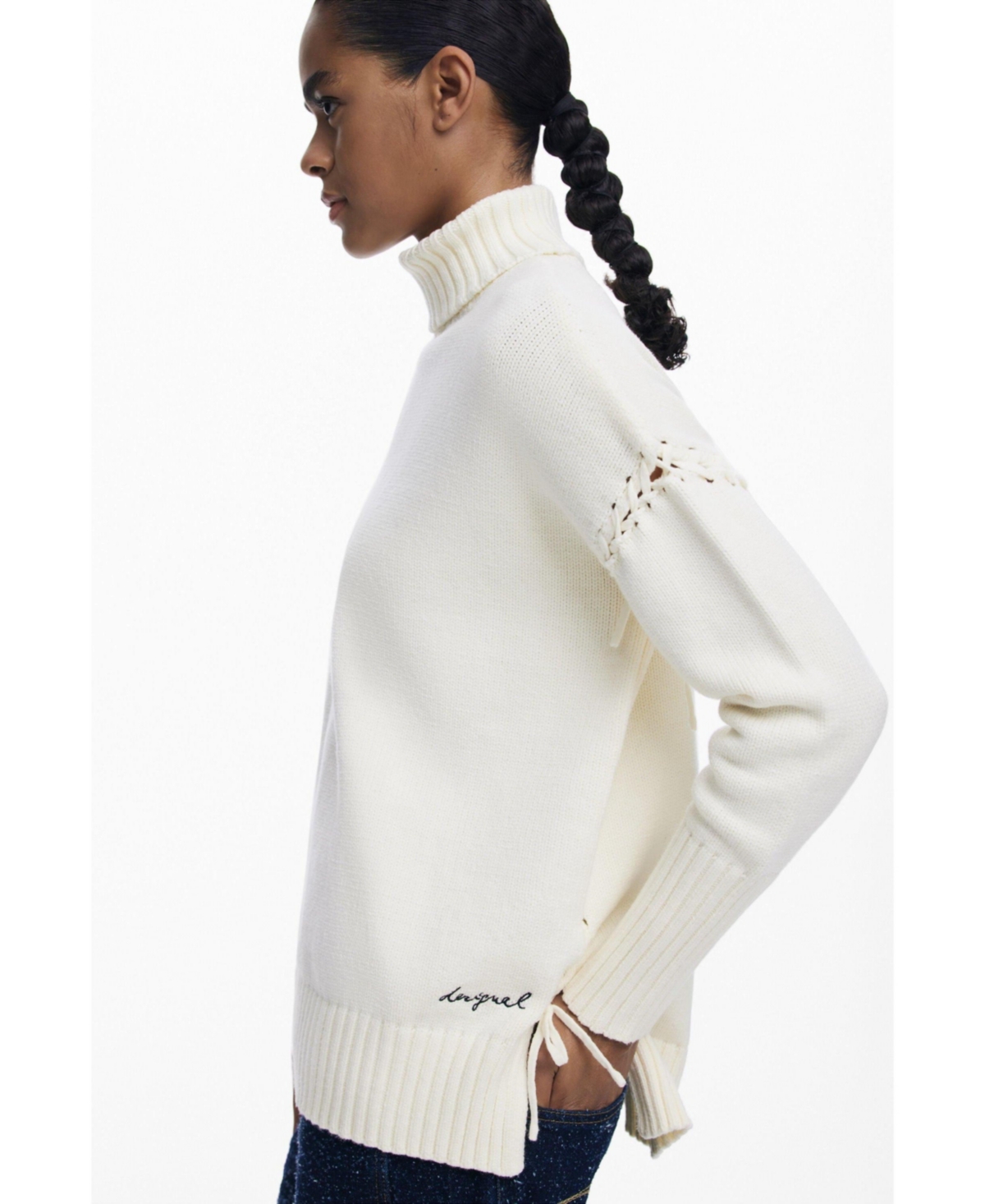 Desigual Laced Sleeve Turtleneck Sweater In White