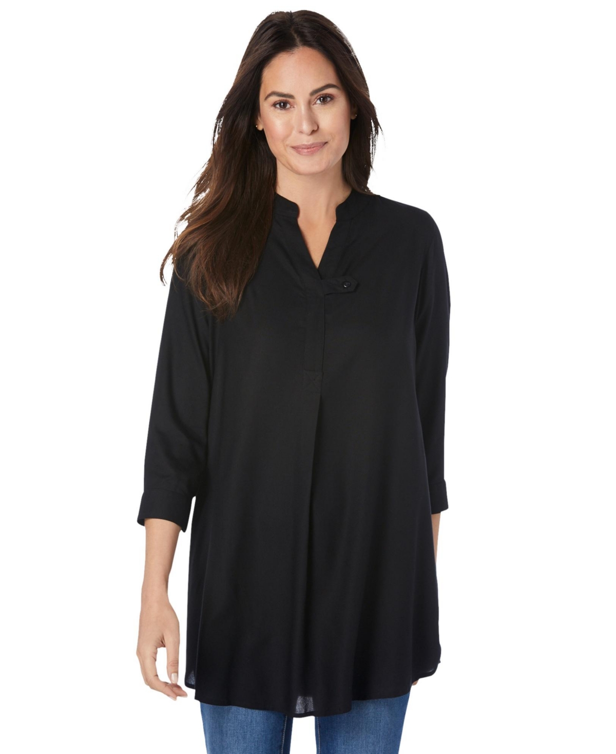 Woman Within Women's Plus Rayon 7-Day Three-Quarter Sleeve Tab-Front Tunic Top