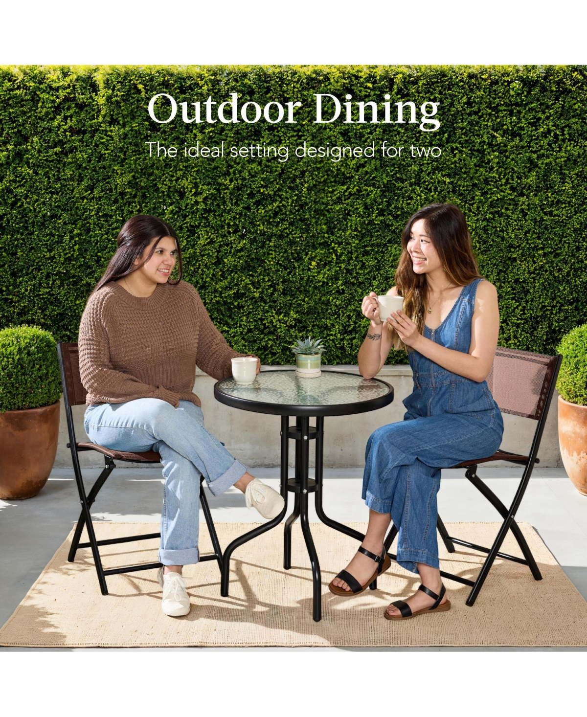 Best Choice Products 3-Piece Patio Bistro Dining Furniture Set w/ Round Textured Glass Tabletop, Folding Chairs