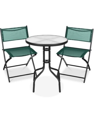 3-Piece Patio Bistro Dining Furniture Set w/ Round Textured Glass Tabletop, Folding Chairs
