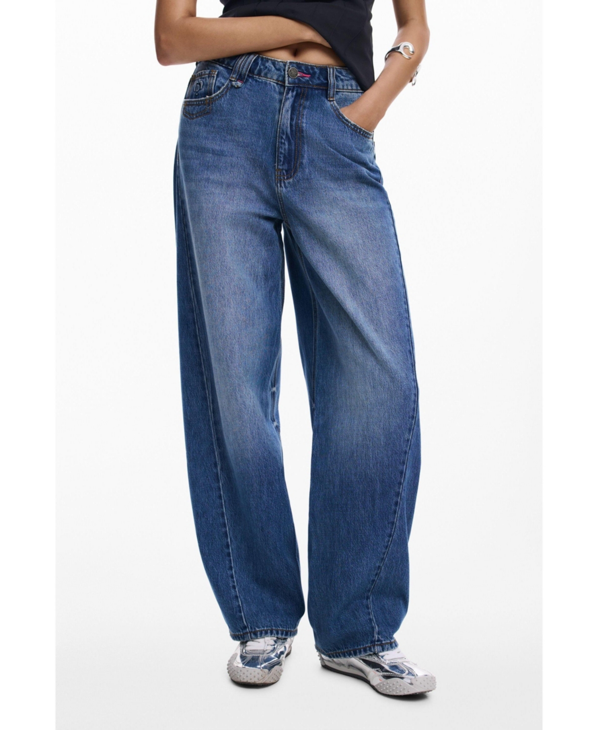 Desigual Hight Waist Barrel Legs Jeans In Blue