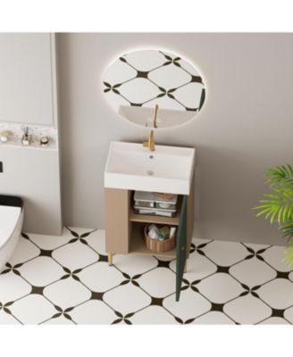Open Shelving Bathroom Vanity with Ceramic Sink and Soft-Closing Door