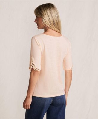 Women's Elbow Sleeve Slub Lace Trim T-Shirt
