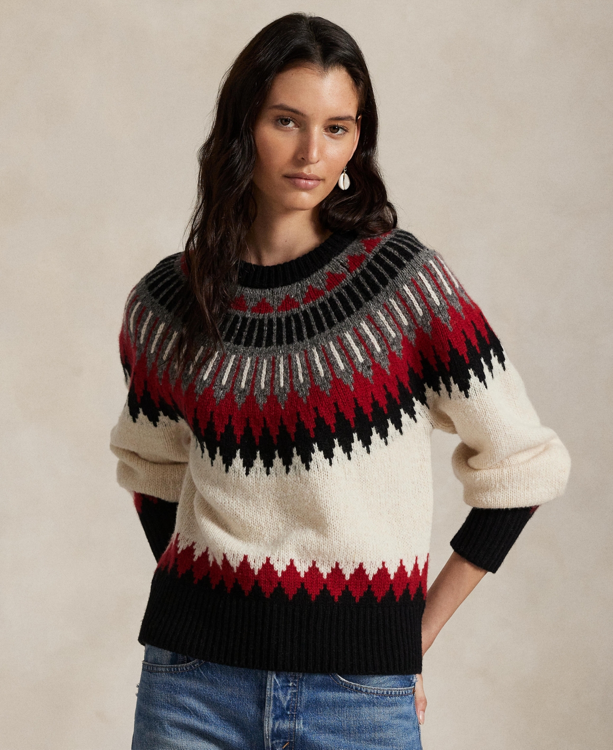 Polo Ralph Lauren Wool Blend Long Sleeve Crew Neck Sweater Authentic Cream Multi In Multi