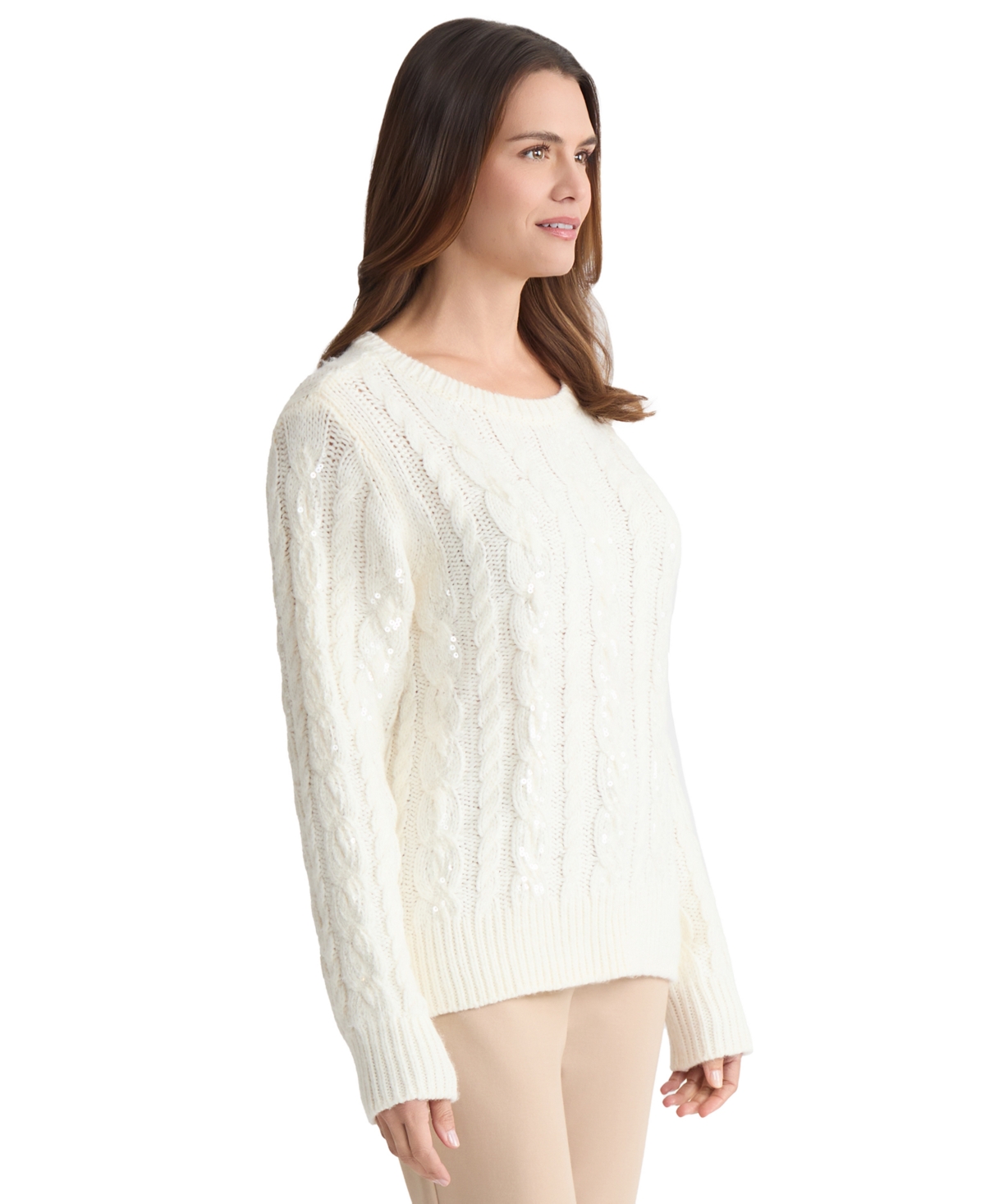 Jones New York Sequin Embellished Cable Crewneck Sweater In White